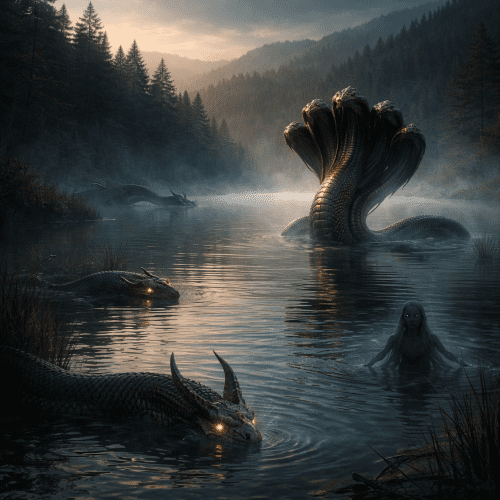 Misty lake of mythical lake creatures