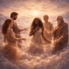 Love_ Gods of Love standing at the edge of a calm, glowing sea at sunset