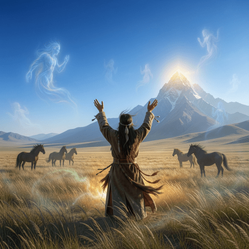 mythological scene of the Mongolian steppe under a vast eternal blue sky,