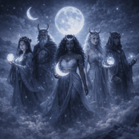 Moon_ Gods of Moon standing on a high cliff under a vast night sky