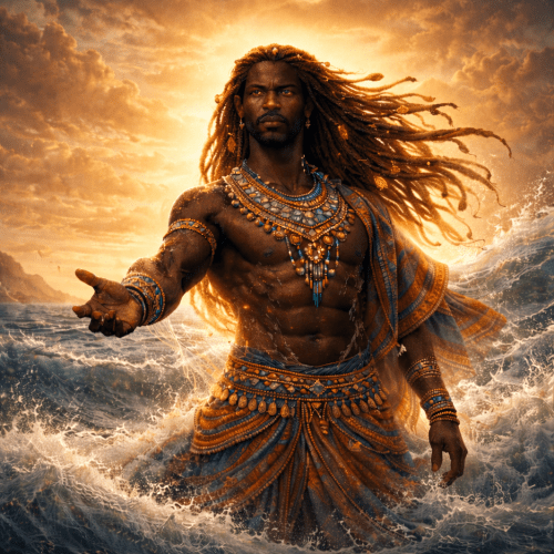 Agbé, the Fon sea deity, emerging from a vast ocean at sunrise,
