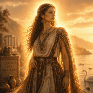 Anzotica, Illyrian goddess of love and fertility, standing on a serene Adriatic coastline at dawn