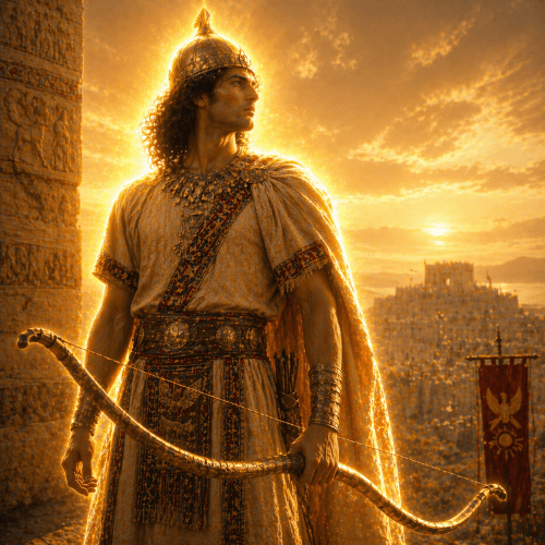 Hittite Gods Apaliunas as archer against golden sunset sky