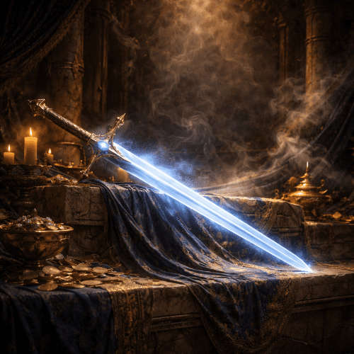 Arondight—a radiant longsword glowing with soft blue-white light