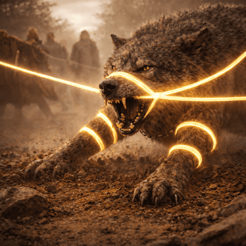 Scene depicting the Binding of Fenrir