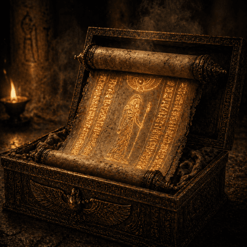 the Book of Thoth depicted as a weathered papyrus scroll with faint glowing hieroglyphs