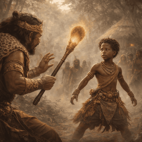 Scene from the Epic of Mwindo confronting his father Shemwindo in a dense Central African rainforest village
