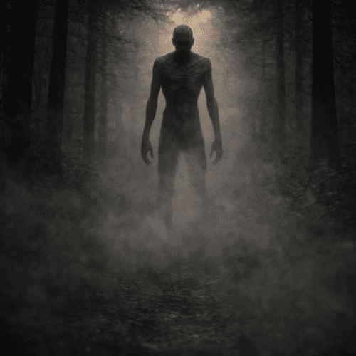 Fleshgait encounter on a narrow forest trail at dusk