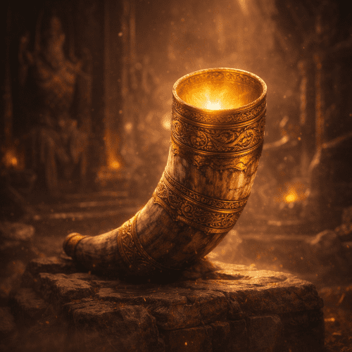 Gjallarhorn horn on stone altar