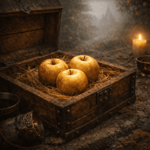 Golden Apples of Idunn inside a rustic Norse wooden chest lined with dry straw