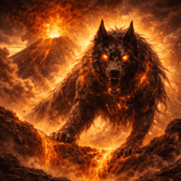 Guayota as a massive shadowy black hound god emerging from a volcanic crater