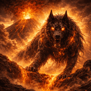 Guayota as a massive shadowy black hound god emerging from a volcanic crater