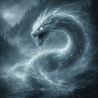 Mythlok - Gveleshapi Gveleshapi, a colossal serpent-dragon emerging from a mist-covered mountain lake in the Caucasus