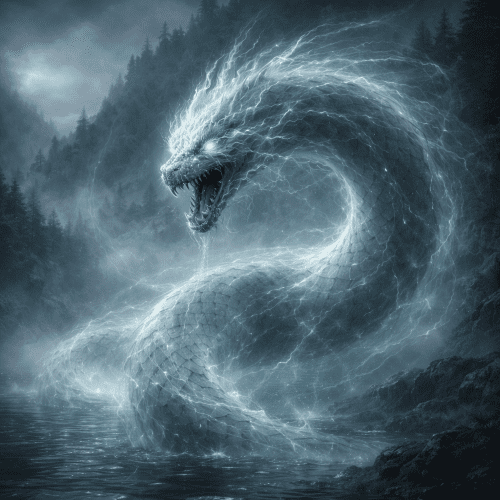 Gveleshapi, a colossal serpent-dragon emerging from a mist-covered mountain lake in the Caucasus