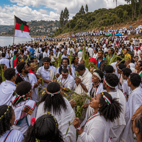 Lakeside cultural festival celebration during Irreecha