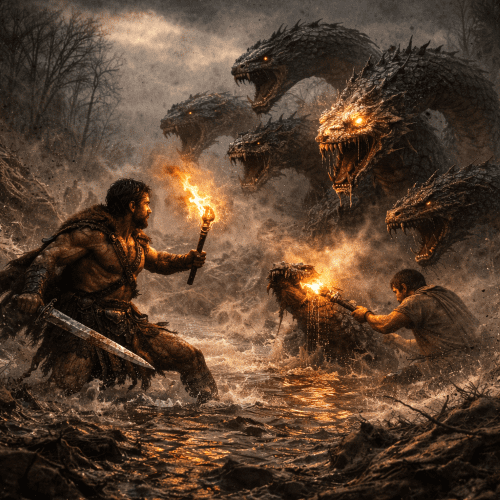 mythological scene of Killing the Lernaean Hydra, Hercules standing in a dark swamp with multiple serpent heads rising from water