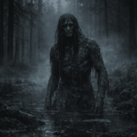 Mythlok - Kulmking Kulmking as a shadowy humanoid spirit emerging from a mist-covered Estonian forest swamp