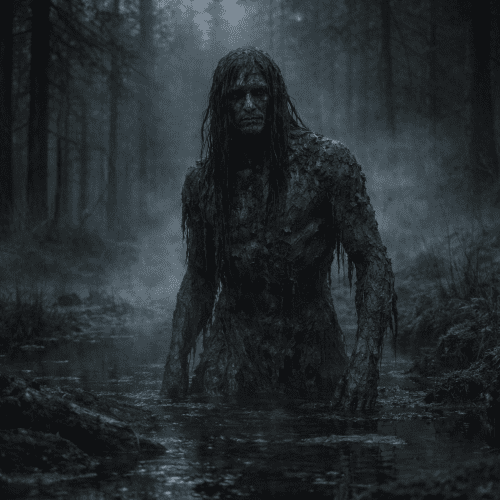 Kulmking as a shadowy humanoid spirit emerging from a mist-covered Estonian forest swamp