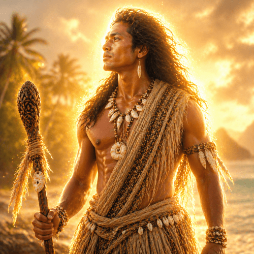 Lugeilang standing on the coast of the Caroline Islands