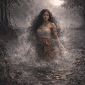 Manunubo as a benevolent sea spirit, calm ocean at golden hou