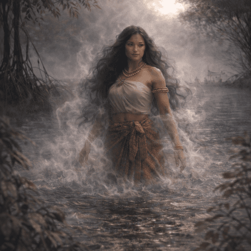 Manunubo as a benevolent sea spirit, calm ocean at golden hou