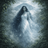 Mythlok - Mariang Sinukuan Mariang Sinukuan standing at the heart of Mount Arayat, Philippines, surrounded by lush tropical forest and abundant fruit-bearing trees,