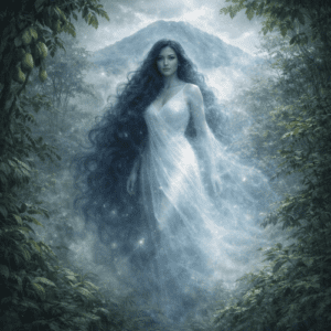 Mariang Sinukuan standing at the heart of Mount Arayat, Philippines, surrounded by lush tropical forest and abundant fruit-bearing trees,