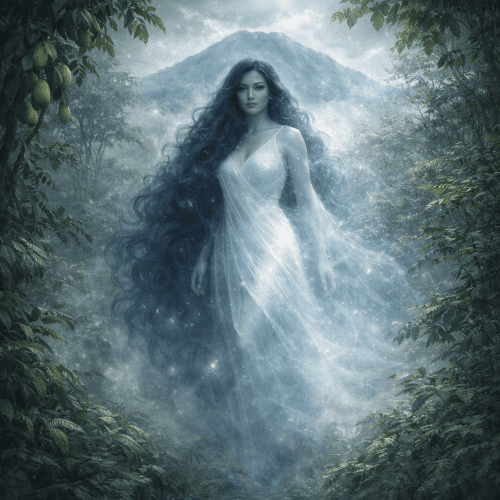 Mariang Sinukuan standing at the heart of Mount Arayat, Philippines, surrounded by lush tropical forest and abundant fruit-bearing trees,