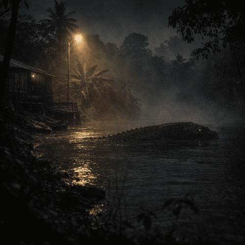 Misty riverside with hidden Nguma Moene