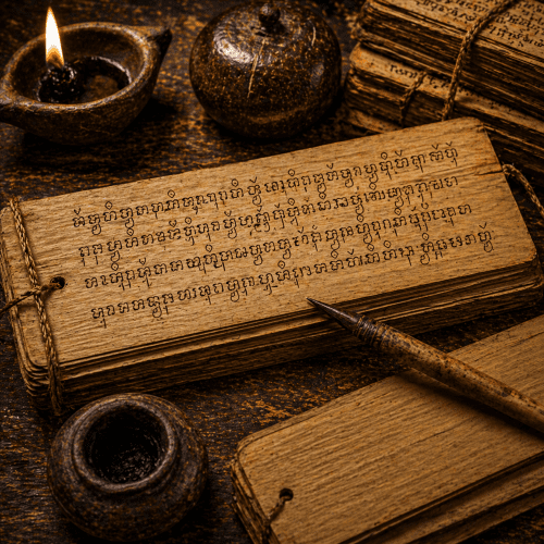Old Javanese on palm-leaf manuscripts inside a dimly lit temple
