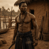 Ozidi, a powerful African warrior from the Niger Delta, standing in a ritual battlefield at dusk