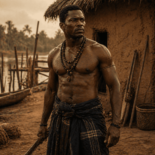 Ozidi, a powerful African warrior from the Niger Delta, standing in a ritual battlefield at dusk