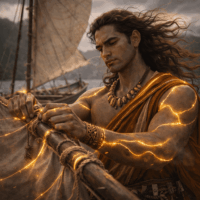 Pākaʻa securing the mast on his vessel