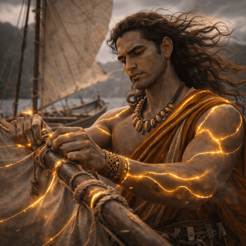 Pākaʻa securing the mast on his vessel