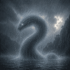 Hopi spirit Palulukon emerging from the river in torrential rain