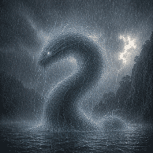 Hopi spirit Palulukon emerging from the river in torrential rain