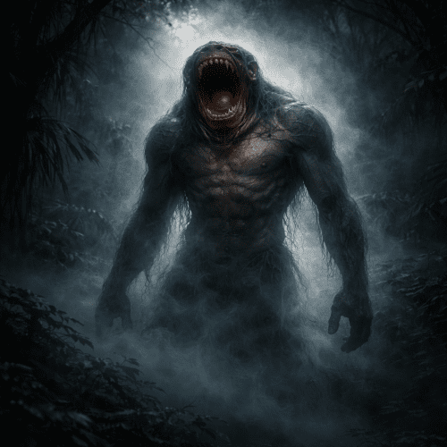 Pugot Mamu, a towering headless humanoid creature with a massive fanged mouth in its torso, standing in a dense Philippine forest at night,