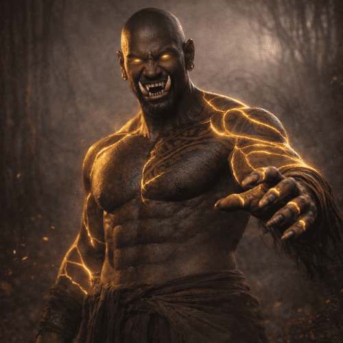 Saragnayan, a towering dark-skinned demigod standing in the shadowy realm of Gadlum