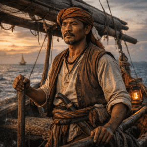 Silungan Baltapa standing on a wooden Sama Dilaut boat under a vast ocean sky at twilight