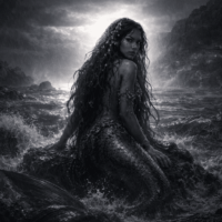 Sirena emerging from deep ocean waters at twilight,