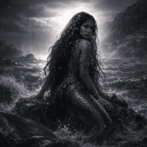 Sirena emerging from deep ocean waters at twilight,