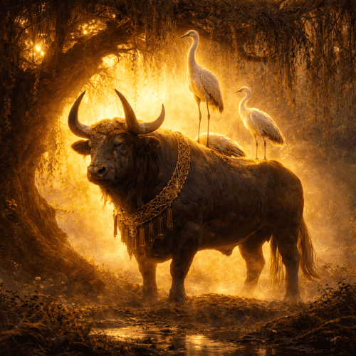 Tarvos Trigaranus, a massive powerful bull standing beneath an ancient willow tree