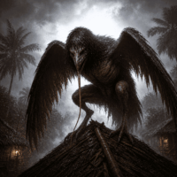 Mythlok - Tik Tik Tik Tik from Philippine folklore, a winged humanoid creature perched on a traditional nipa hut roof at night