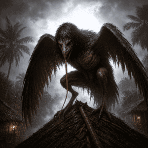 Tik Tik from Philippine folklore, a winged humanoid creature perched on a traditional nipa hut roof at night