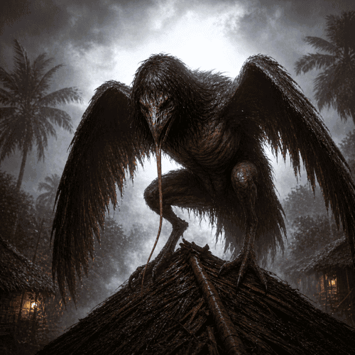Tik Tik from Philippine folklore, a winged humanoid creature perched on a traditional nipa hut roof at night