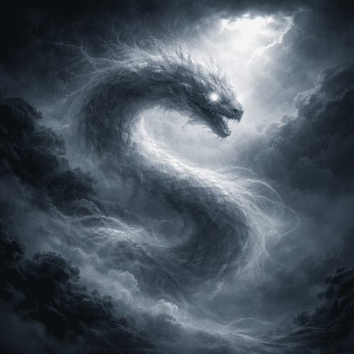 Ulilang Kaluluwa as a colossal serpentine presence, semi-formed body emerging from storm clouds