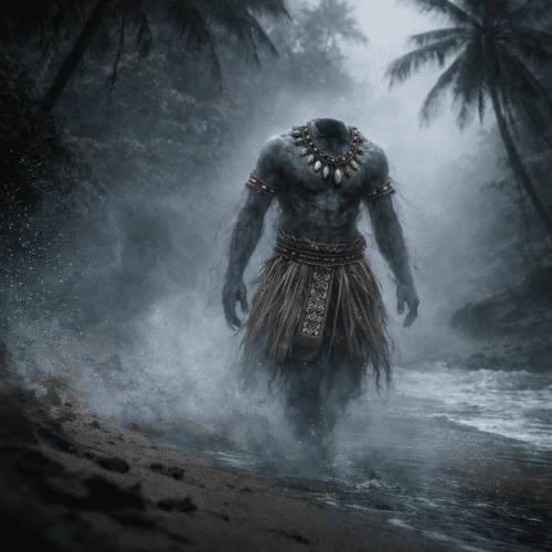 Ulupoka from Fijian tradition, depicted as a headless body moving across a misty tropical island landscape