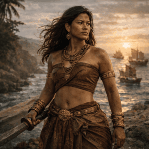 Urduja, Philippine warrior princess, standing on a coastal cliff overlooking a vast ancient fleet