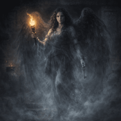 Vanth the Etruscan underworld guide, winged female figure with large feathered wings