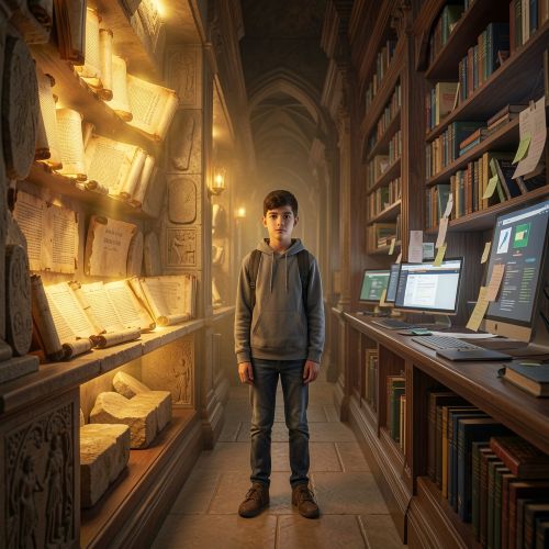 a young student standing between two contrasting sections representing primary vs secondary sources